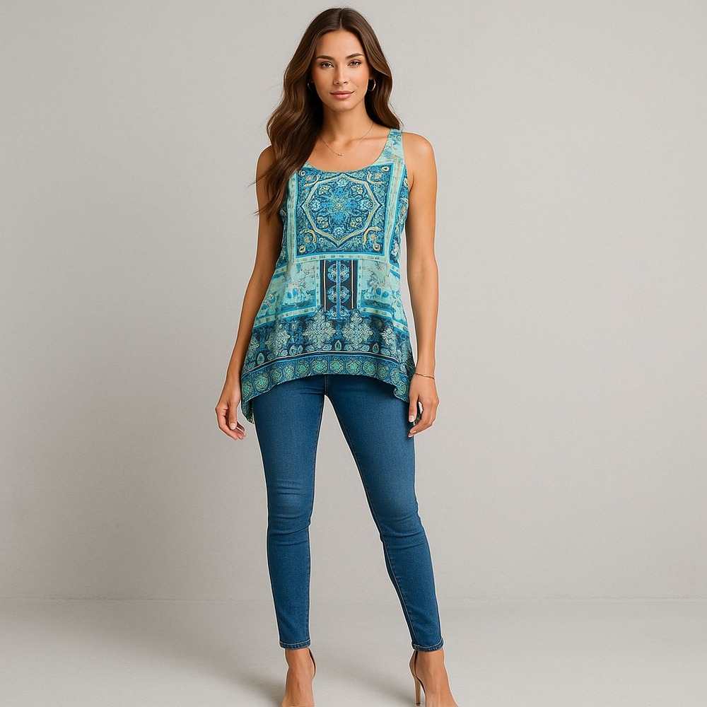 Y2K Dressbarn Top‎ Womens L Blue Green Floral Damask Tank Relaxed Flowy Fairy